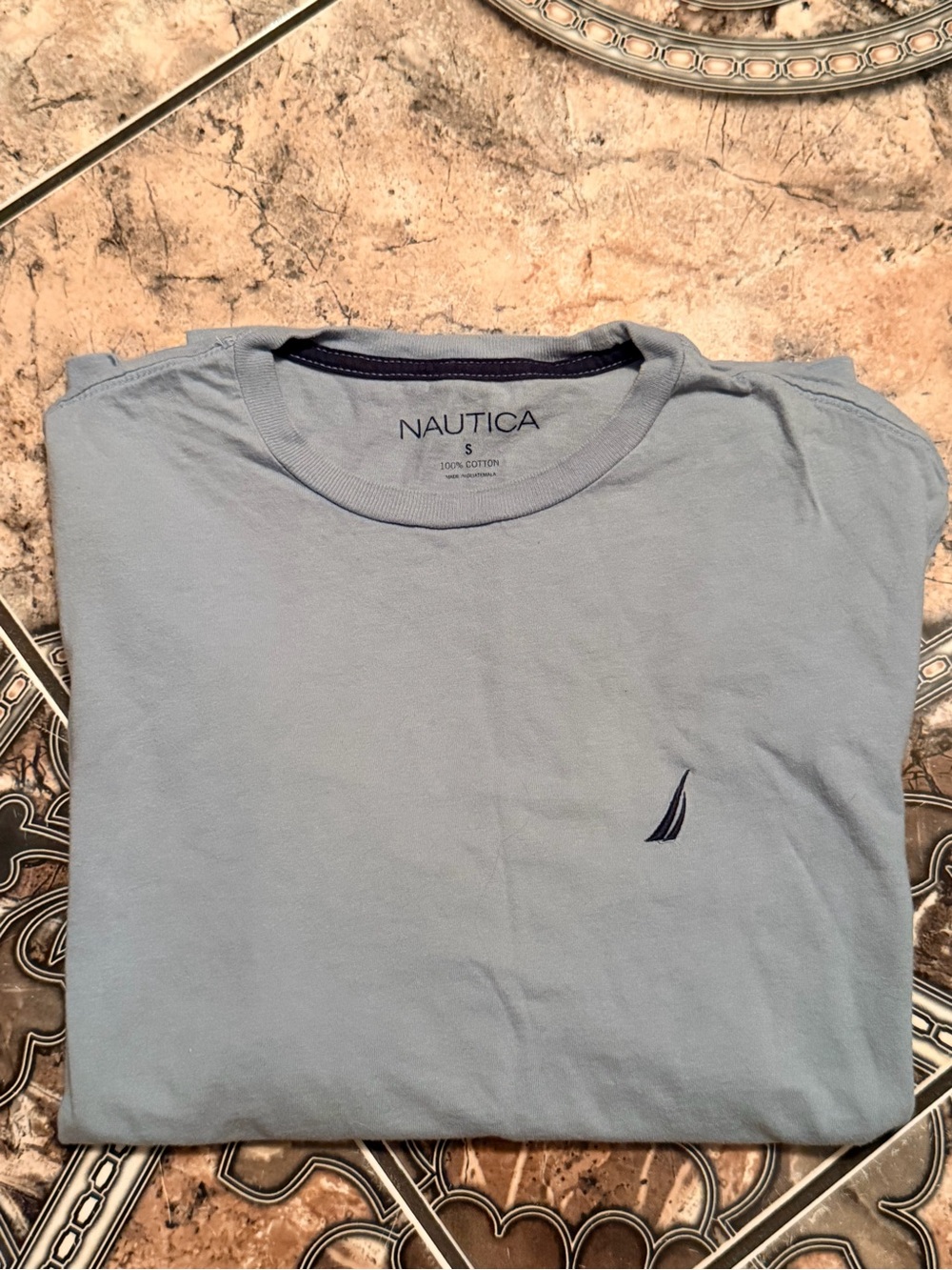 Nautica Men's Pale Blue Crew Neck Tee with Navy Sail Logo